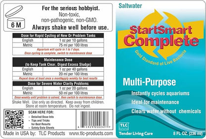 TLC Products StartSmart Complete Saltwater Aquarium Cycle Starter & Beneficial Nitrifiers, Supports Clear Water & Biofiltration, Reduces Excess Sludge, 8 oz. (236 ml)