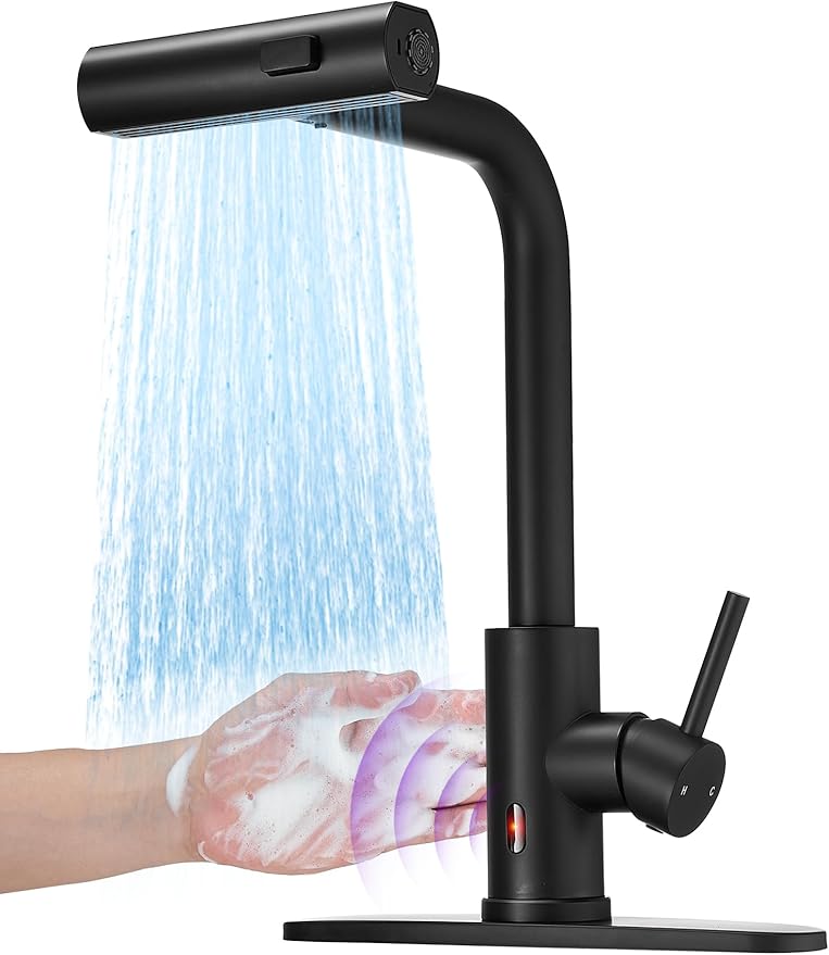 Touchless Black Kitchen Faucets with Pull Down Sprayer,Waterfall Kitchen Sink Faucet,Commercial Utility Stainless Steel Kitchen Faucets,Single Handle Kitchen Sink Faucet for 3 Function