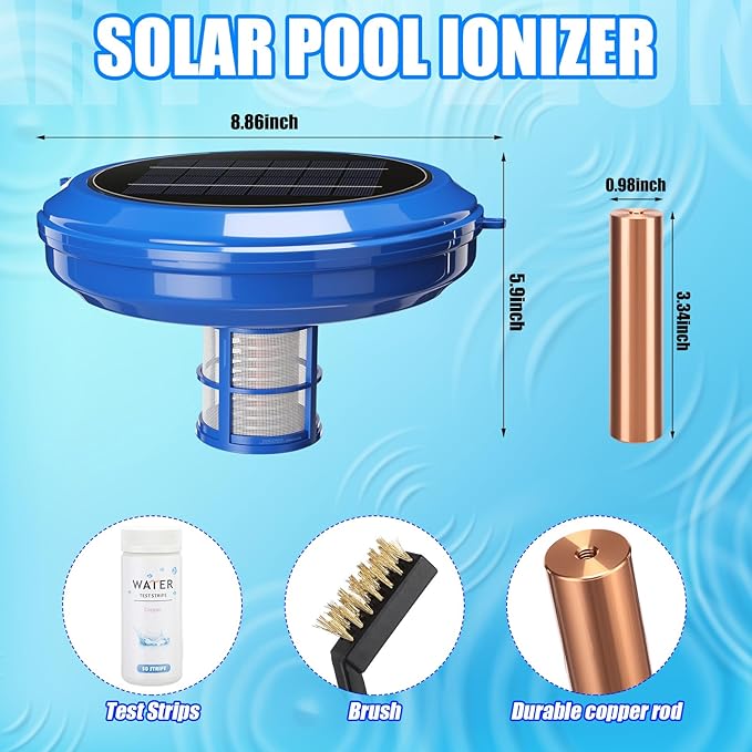 Solar Pool Ionizer & Cleaner: Automatic Floating Water Purifier with Upgraded Copper Ionizer & 4 Scum Absorber Balls, Treats Up to 45, 000 Gallons for Above/In-Ground Pools & Spas
