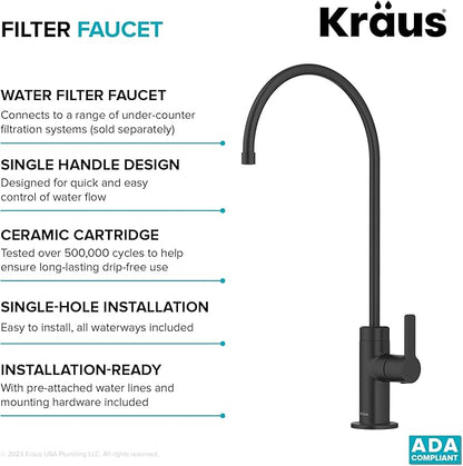 KRAUS Oletto Single Handle Drinking Water Filter Faucet for Reverse Osmosis or Water Filtration System in Matte Black, FF-103MB