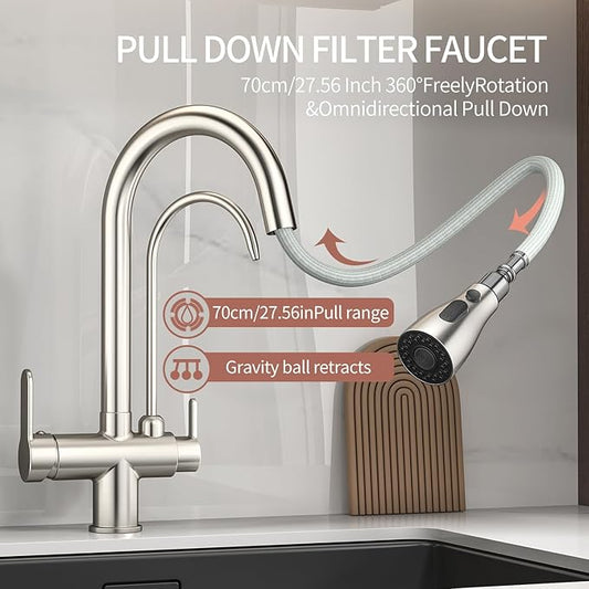 Kitchen Sink Faucet with Pull - Down Sprayer, 2 - Handle 3 - in - 1 Kitchen Sink Filter Faucet, Cold and Hot Mixer Drinking Water Faucet (3-in-1 Filter Faucet, Brushed Nickel-1)