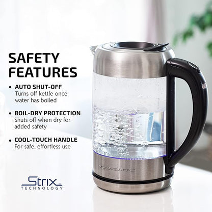 OVENTE Electric Kettle with 1.7L Borosilicate Glass, 1500W Instant Water Boiler and Heater for Coffee or Tea, BPA Free, Easy to Fill Lid, Auto Shut-Off and Boil Dry Protection, Silver KG612S