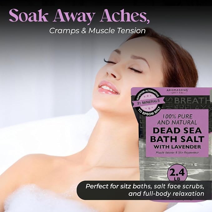 Aromasong Pure Dead Sea Salt for Soaking with 100% Natural Lavender, 2.43 LB - Spa Bath Salt Fine Grain - Body Wash Scrub - Soak for Women & Men- Bulk Resealable Pack