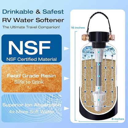H&G lifestyles ‎Portable Water Softener for RV with Water Hose, Food-Grade Resin 3/4" Brass Fittings 2600 Gallons Softens Hard Water Filtration System for Car Washing Pressure Washing