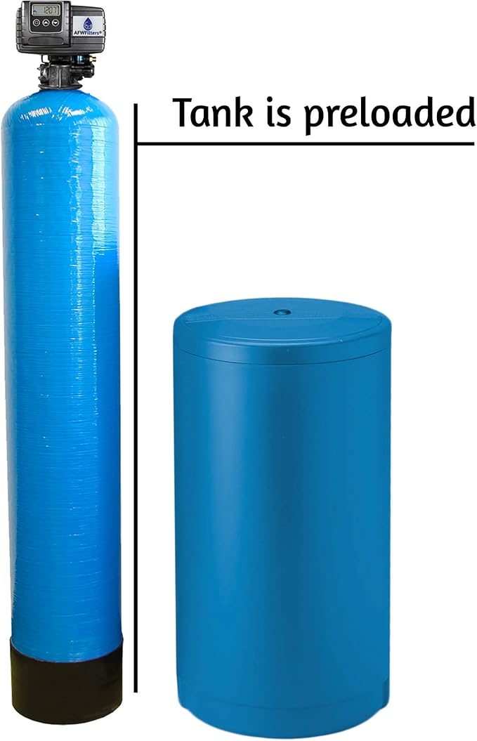 Whole House Water Softener System - Fleck 5600sxt Digital Meter Grain - includes bypass valve & brine tank with safety float (64k 1 Inch Bypass, Blue High Capacity Resin)