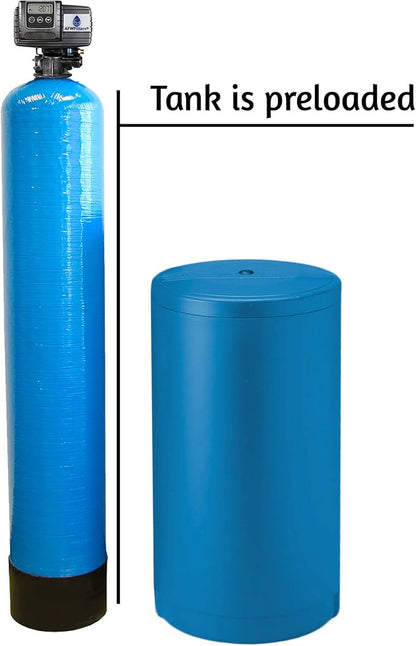 Whole House Water Softener System - Fleck 5600sxt Digital Meter Grain - includes bypass valve & brine tank with safety float (64k 1 Inch Bypass, Blue High Capacity Resin)
