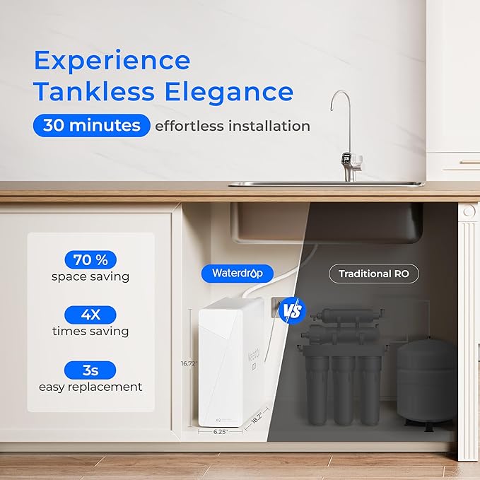 Waterdrop X8 Reverse Osmosis System, NSF/ANSI 42&58&372 Certified, 800 GPD Tankless RO Water Filter, 9-Stage Filtration, Undersink, 2:1 Pure to Drain, LED Faucet, BPA Free, [ NO Minerals Added ]