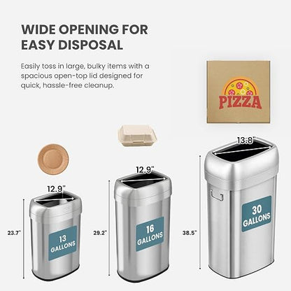 iTouchless 30G Commercial Trash Can with Wheels | Open Top Stainless Steel | Heavy-Duty 114L Oval Bin with 2 AbsorbX Odor Filters. ADA Compliant for Restaurant Restroom Hotel Office Healthcare Retail
