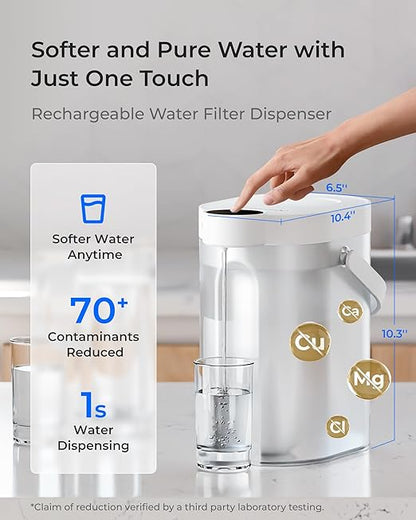 Waterdrop ED11W Rechargeable Water Filter Dispenser with 2 Filters, 5-Stage Long-Life Instant Electric Powerful Pitcher, Reduce 70+ Contaminants, Soften Water, 15-Cup Portable Countertop System, White