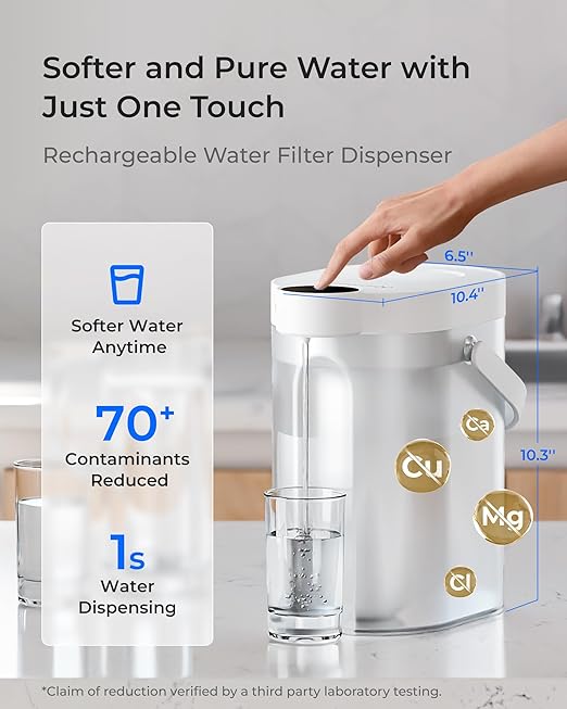 Waterdrop ED11W Rechargeable Water Filter Dispenser with 2 Filters, 5-Stage Long-Life Instant Electric Powerful Pitcher, Reduce 70+ Contaminants, Soften Water, 15-Cup Portable Countertop System, White