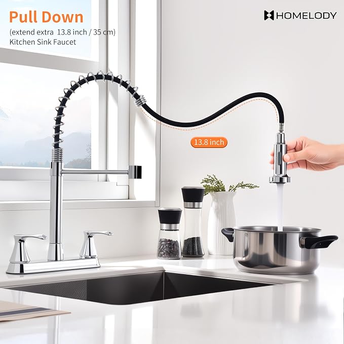 HOMELODY 2 Handles Kitchen Faucet with Pull Down Sprayer for 3 Hole Sink, 360° Rotating Spout Commercial 2 Handle Stainless Steel Kitchen Faucets with Deck Plate Chrome