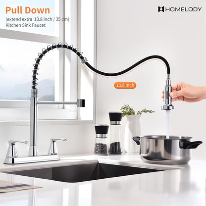 HOMELODY 2 Handles Kitchen Faucet with Pull Down Sprayer for 3 Hole Sink, 360° Rotating Spout Commercial 2 Handle Stainless Steel Kitchen Faucets with Deck Plate Chrome