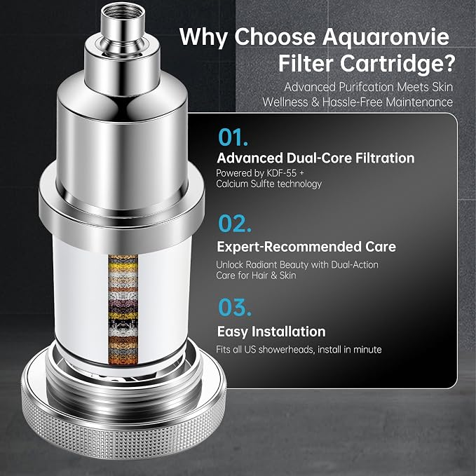 Aquaronvie NSF Certified Filtered Shower Head with KDF-55, High Pressure 3 Spray Modes Showerhead Water Softener for Hard Water, Remove Chlorine & Impurities for Softer Skin and Hair, Chrome
