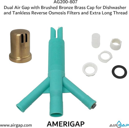 Dual Air Gap with Brushed Bronze Brass Cap for Dishwasher and Tankless Reverse Osmosis Filter and Extra Long Thread (AG200-807, AG200-X07, AMERIGAP)
