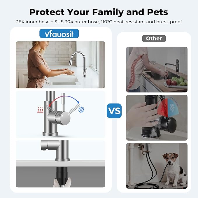 Kitchen Faucet with Pull Down Sprayer, VFAUOSIT Lead-Free Kitchen Sink Faucet Brushed Nickel Stainless Steel High Arc Pull Out Single Hole Kitchen Faucets for Pot Filler, Farmhouse RV Bar Laundry Room