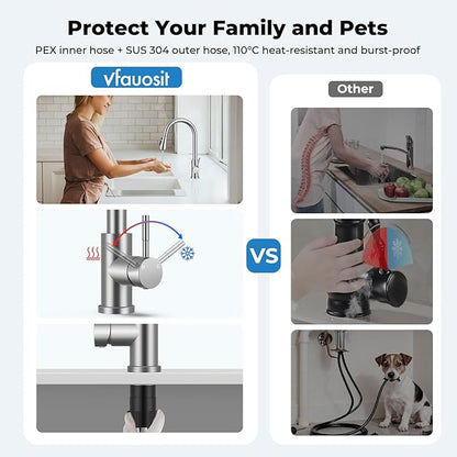 Kitchen Faucet with Pull Down Sprayer, VFAUOSIT Lead-Free Kitchen Sink Faucet Brushed Nickel Stainless Steel High Arc Pull Out Single Hole Kitchen Faucets for Pot Filler, Farmhouse RV Bar Laundry Room