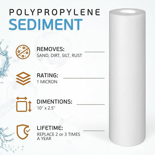 Ronaqua 1 Micron Sediment Water Filter Cartridge 10"x2.5", NSF Certified, 4-Layer Filtration for any 10-inch RO Units & Whole House Systems, Compatible with Culligan P5, AP110, WHKF-GD05, 50 Pack