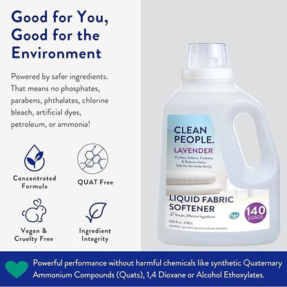 Clean People All Natural Liquid Fabric Softener - Plant-Based, Eco Friendly - Naturally Softens & Removes Static Cling - Vegan - Lavender Scented Laundry Softener - 100 fl oz - 140 loads