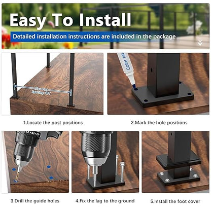 4Pack 36" T304 L-drilled Cable Railing Corner Post(Post 35"x2"x2"), Modular Wire Railing Post with Cable Grommets, Fixed Top Mount Stainless Steel Black Finish Deck Staircase Post