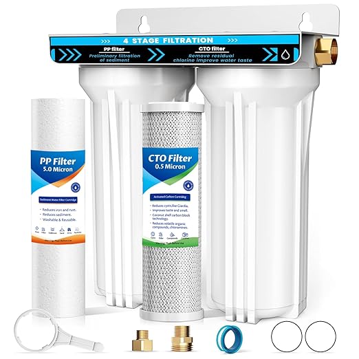 RV Dual Water Filter System, 4-Layer 2 Stage RV Water Filtration System, Removes Sediments,Chlorine,Heavy Metals, Odors, Water Filter for RV, Campers, 3/4'' Lead-Free Hose Quick Connectors