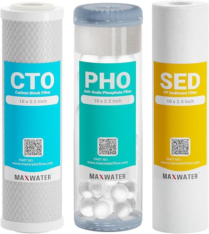 10" Standard Whole House Whole House Anti Scale Filter Set - 10" x 2.5" Polypropylene Sediment, Phosphate Anti-Scale, CTO Carbon Block Water Filter pack, Total of 3 Filters