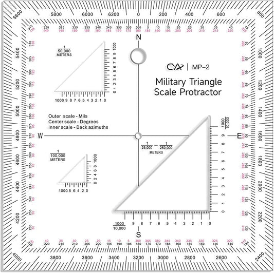 CYA MP-2 GTA 5-2-12 Military Map Protractor - UTM MGRS Coordinate Scale | GTA 5-2-12 equivalent map protractor with degrees, mils & reverse azimuths. Fits 1:10k to 1:250k UTM/MGRS charts.
