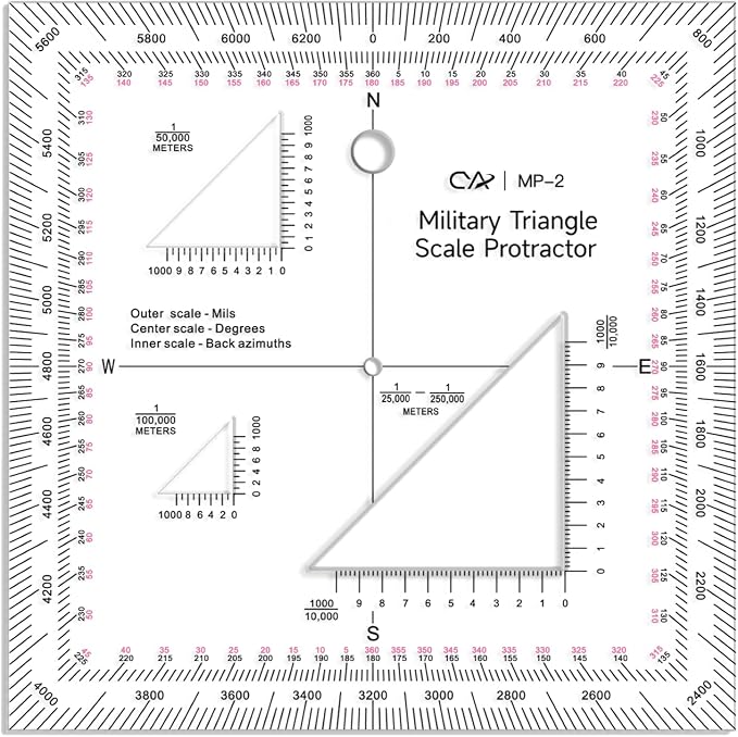 CYA MP-2 GTA 5-2-12 Military Map Protractor - UTM MGRS Coordinate Scale | GTA 5-2-12 equivalent map protractor with degrees, mils & reverse azimuths. Fits 1:10k to 1:250k UTM/MGRS charts.
