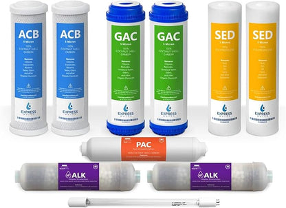 Express Water – 1 Year Reverse Osmosis System Filter Set – 10 Filters – Carbon GAC ACB PAC, Sediment SED, Alkaline, and UV Filters – 10 inch Size Replacement Water Filters