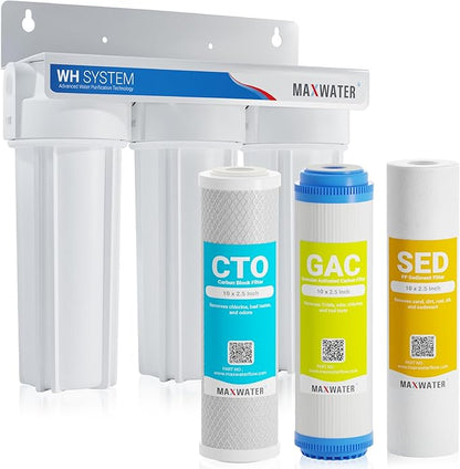 Max Water 3 Stage (Good for City Water) 10 inch Standard Water Filtration System for Whole House - Sediment + GAC + CTO Post Carbon - ¾" Inlet/Outlet - Model : WH-SW1