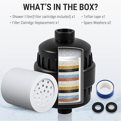 G-Promise 16 Stage Shower Filter For Hard Water, Reduces Chlorine and Fluoride, Improves Dry Skin, Universal With G1/2" Threads Design, Comes With a Replacement Cartridge (matte black)