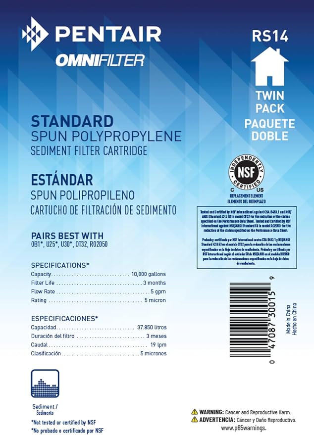 Pentair OMNIFilter RS14 Sediment Water Filter, 10-Inch, Standard Whole House Polypropylene Spun Sediment Replacement Filter Cartridge, 10" x 2.5", 10 Micron, (Pack of 6)