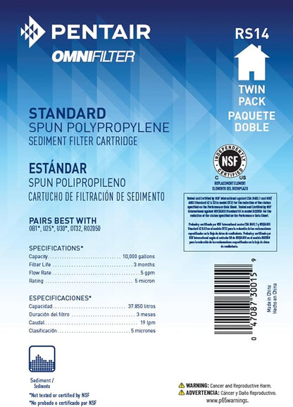 Pentair OMNIFilter RS14 Sediment Water Filter, 10-Inch, Standard Whole House Polypropylene Spun Sediment Replacement Filter Cartridge, 10" x 2.5", 10 Micron, (Pack of 6)