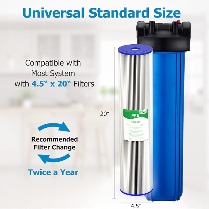 20 Micron 20-Inch Heavy Duty Whole House Water Filter Replacement Cartridge, Pleated Sediment Water Filters 4.5" x 20" for Well Water, Compatible with ECP5-20BB, R30-20BB, SPC-45-2050, 6 Pack