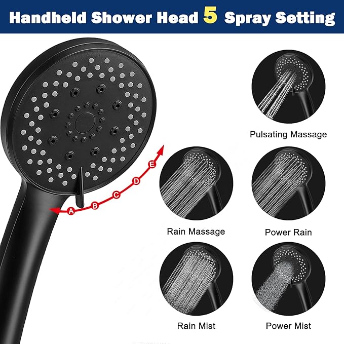 NearMoon Filtered Rain Shower Head, High Pressure 8″Square, and 5 settings Handheld Shower Filter Combo with Self-adhesive Holder/1.5M Hose -1 Replaceable Filter Cartridge (Matte Black)