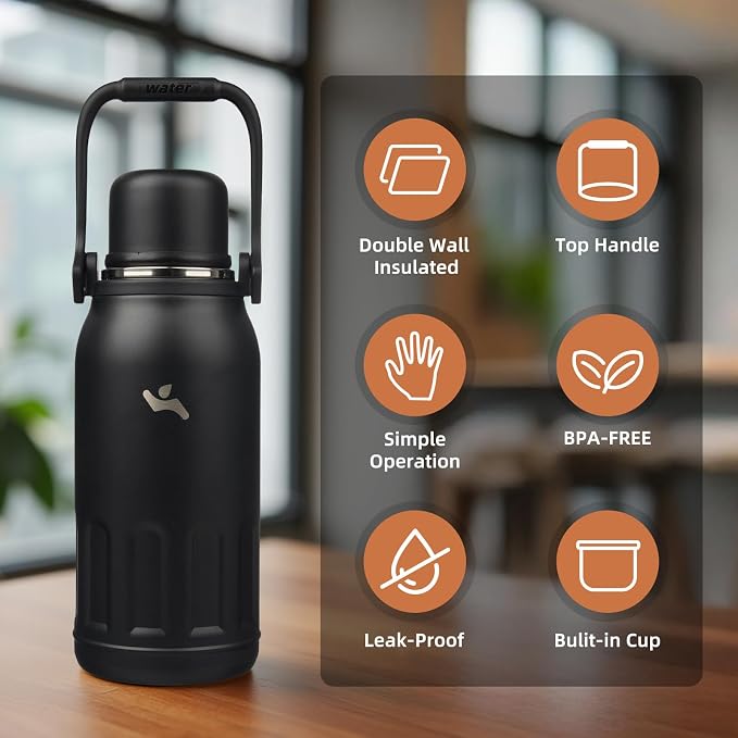 Konokyo Insulated Water Bottle with Handle and Strap,Vacuum Travel Tumbler with Cup Lid,Thermo Coffee Cup for Hot Cold Drinks 40 OZ,Black