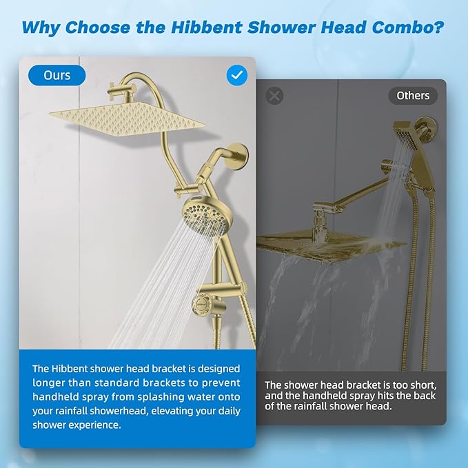 Hibbent cUPC Certified All Metal 10" Rainfall Showerhead Combo, High Pressure Shower Head with 10-Spray Handheld, Innovative 4-way Diverter with Pause Mode, 71'' Shower Hose & Holder, Burshed Gold