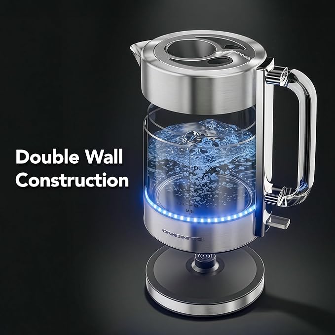 OVENTE Electric Kettle, 1.7L Double Wall Glass Tea Kettle with Stainless Steel Base, Acrylic Handle, 1500W Cordless Fast Boil Borosilicate Water Boiler, Easy Fill Lid & Auto Shut-Off, Silver KG912S