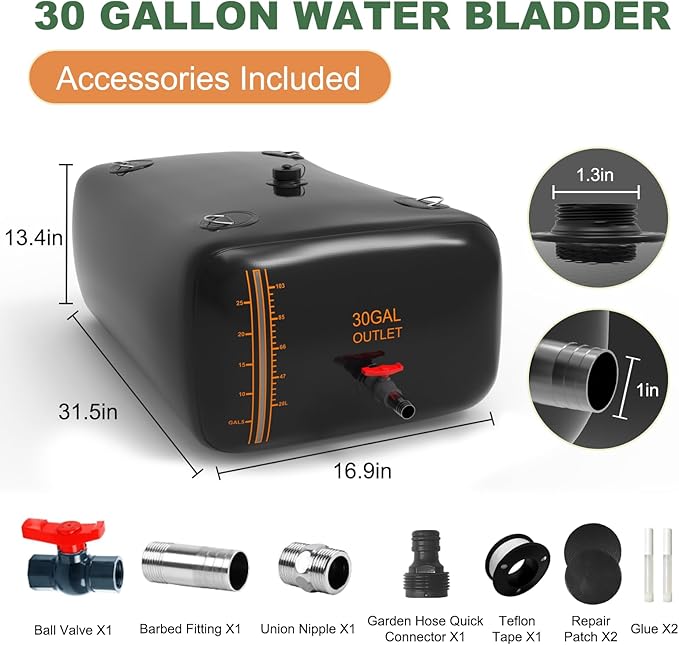 30 Gallon Water Bladder, 1000D PVC Foldable Portable Water Tank, Black Large Capacity Water Bag Container for Garden, Drought Resistance, Fire Prevention, Emergency Supply