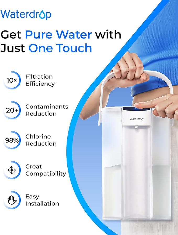 Waterdrop EDFX Water Filter Replacement for Waterdrop ED61 Rechargeable Water Filter Dispenser, 200-Gallon Long-Life, 10X Filtration Efficiency, Reduce 98% Chlorine and 20+ Contaminants, 3 Pack