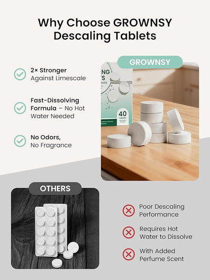 GROWNSY Descaling Tablets for Bottle Warmer & Sterilizer, Daily Essential Descaler, Cleaner for Baby Food Makers, Deep Limescale & Odor Removal, Performance Care, 40 Count for Regular