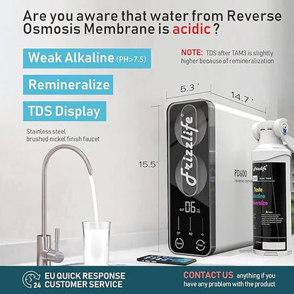 Frizzlife Reverse Osmosis Water Filter - Alkaline Mineral pH+, NSF/ASNI 58&53&42&372 Standard, 600GPD Tankless RO Reverse Osmosis System, Under Sink, 2:1 Pure to Drain, Reduce FPAS/PFOA, PD600-TAM3