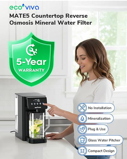 Ecoviva Mate 5 Countertop Reverse Osmosis Water Filter, 8-Stage RO Water Filtration System with 40 oz Water Pitcher, Alkaline Mineralization pH+, Compact Design, BPA-Free, Black