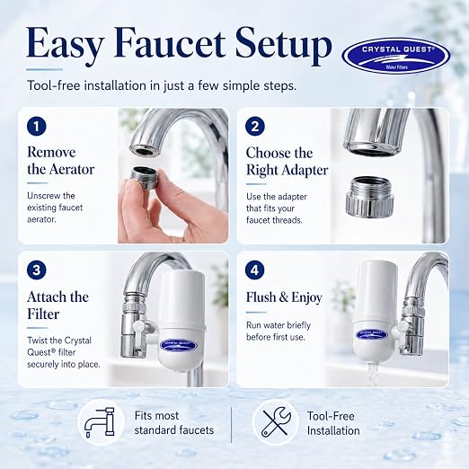 Crystal Quest Faucet-Mount Water Filtration System, ISO Certified 6-Stage Filtration, No-Wait Filtering, Removes Chlorine & Heavy Metal, 2000-Gallon Capacity, Easy Kitchen Faucet Installation - White