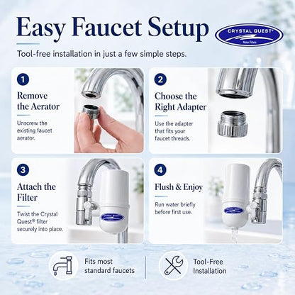 Crystal Quest Faucet-Mount Water Filtration System, ISO Certified 6-Stage Filtration, No-Wait Filtering, Removes Chlorine & Heavy Metal, 2000-Gallon Capacity, Easy Kitchen Faucet Installation - White