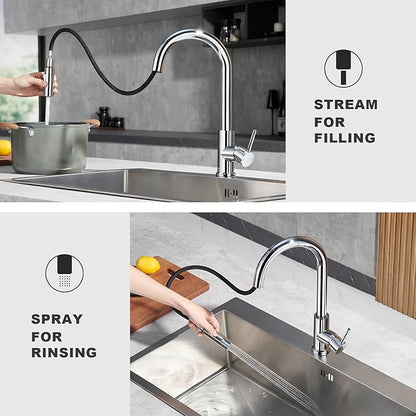 Tohlar Chrome Kitchen Faucets with Pull Down Sprayer, Single Handle Kitchen Sink Faucet Modern Staninless Steel Kitchen Faucet with Deck Plate