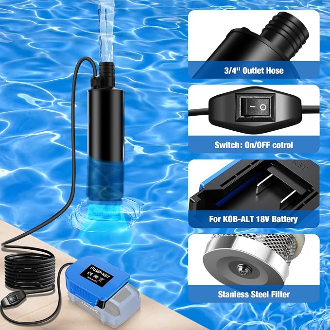 Water Transfer Pump for Kobalt 24V Battery (Tool Only), 500GPH Power Water Pumps with Sediment Filters Brushless Utility Pump for Pool Garden Pond