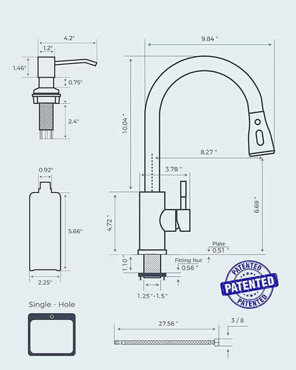 FORIOUS Black Kitchen Faucet with Soap Dispenser and Pull Down Sprayer, Bar High Arc Single Handle Classic 3 Modes Stainless Steel Faucet for Kitchen Sink Farmhouse RV Laundry Camper