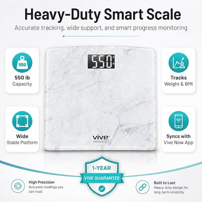 Vive Smart Body Weight Scale (550lbs Capacity) - Heavy Duty Bariatric Digital Scale for BMI - Plus Size, Large Display - Bathroom Device for Health Extra Wide Base & Smartphone Connectivity