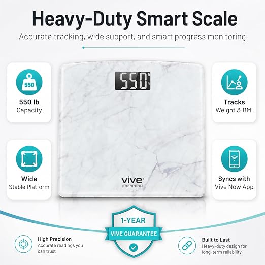 Vive Smart Body Weight Scale (550lbs Capacity) - Heavy Duty Bariatric Digital Scale for BMI - Plus Size, Large Display - Bathroom Device for Health Extra Wide Base & Smartphone Connectivity