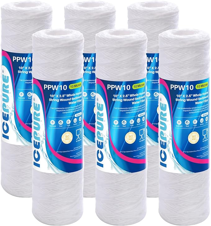 ICEPURE 10 Micron 10" x 2.5" String Wound Sediment Water Filter Cartridge for Well filter Universal Replacement for Any 10 inch RO Unit, WP-5, Aqua-Pure AP110 CFS110 Culligan P5 WFPFC4002 CW-MF, 6PACK